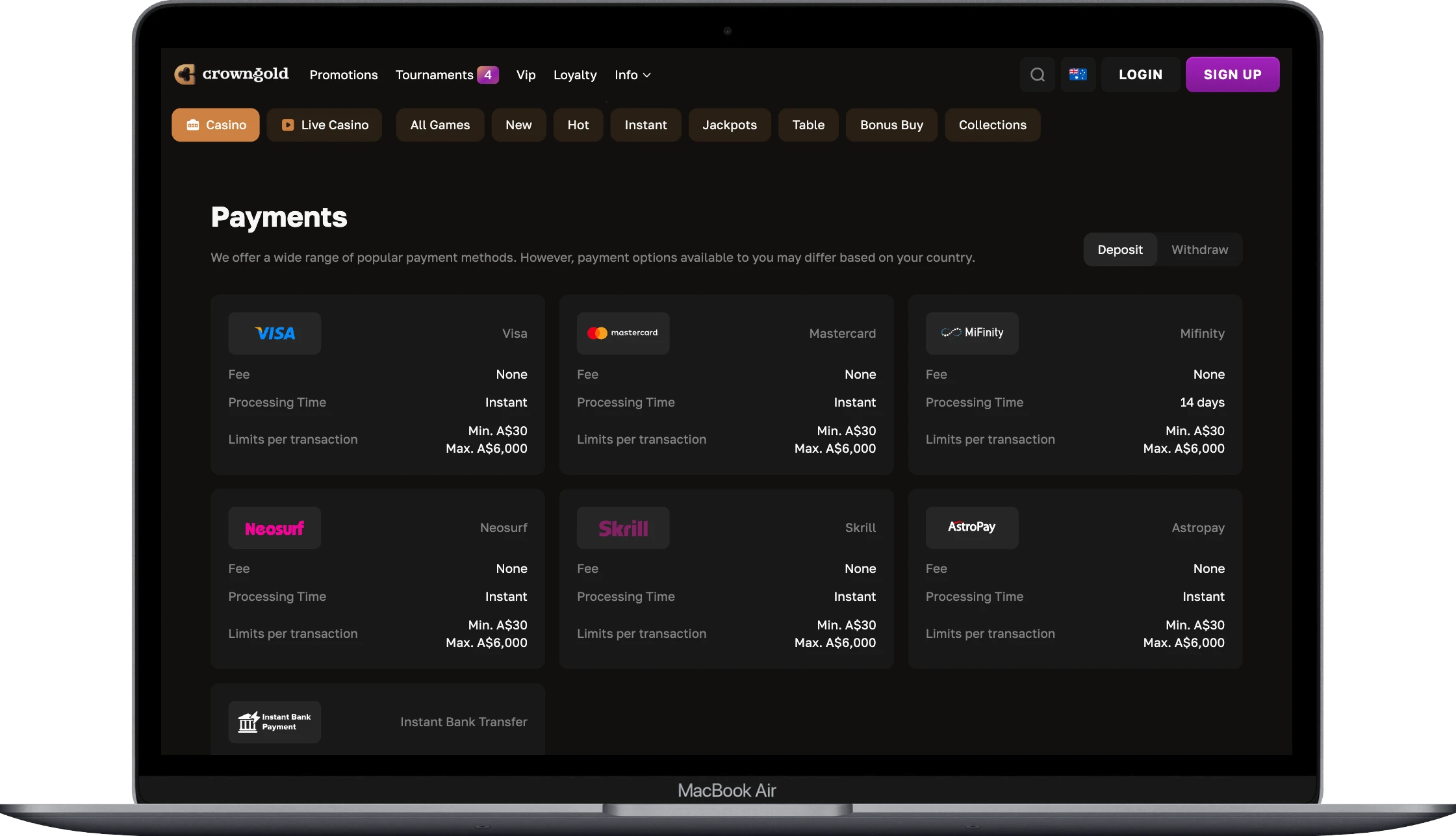 Deposit, Withdrawal Methods
